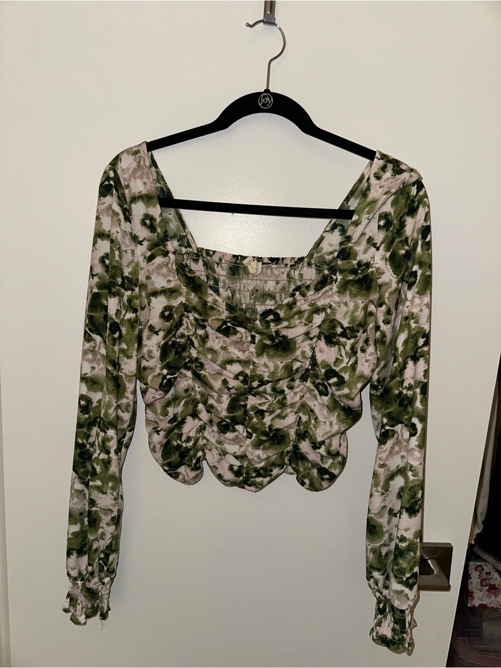 Ruched Square-Neck Long Sleeve Top - Green Floral Print